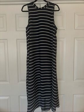 Navy Blue  and White Striped Sleeveless High-Low Maxi Dress